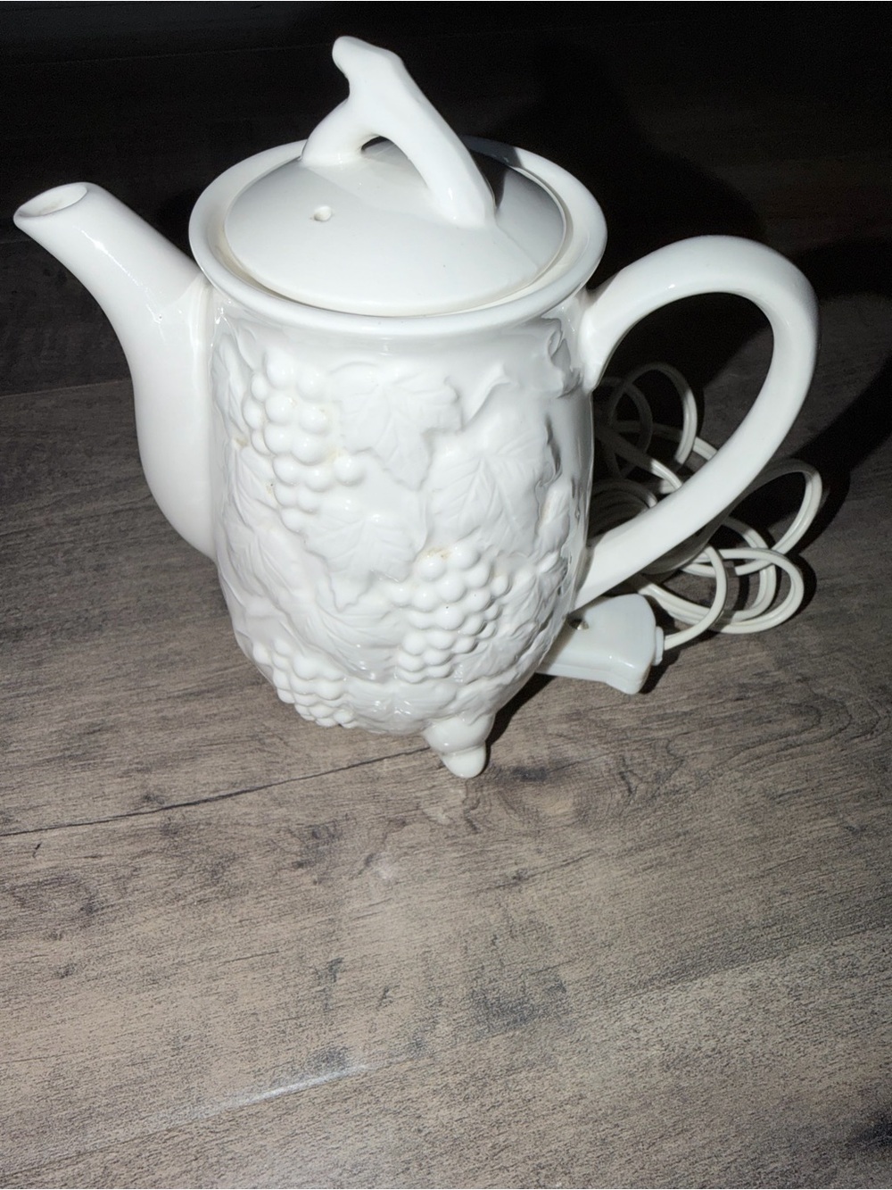Vintage White Ceramic Electric Teapot with Grapevine pattern